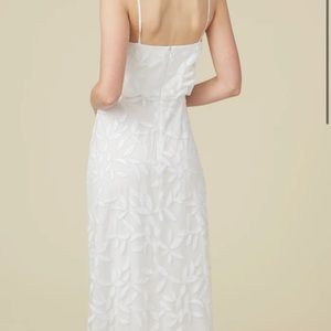 Ivory wedding dress. WAYF brand embroidered mesh v neck cami dress